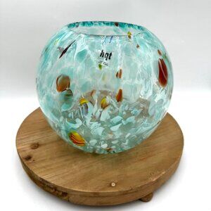 Hand Blown Glass Turquoise Aqua Blue Speckled Mixed Round home design decor Vase